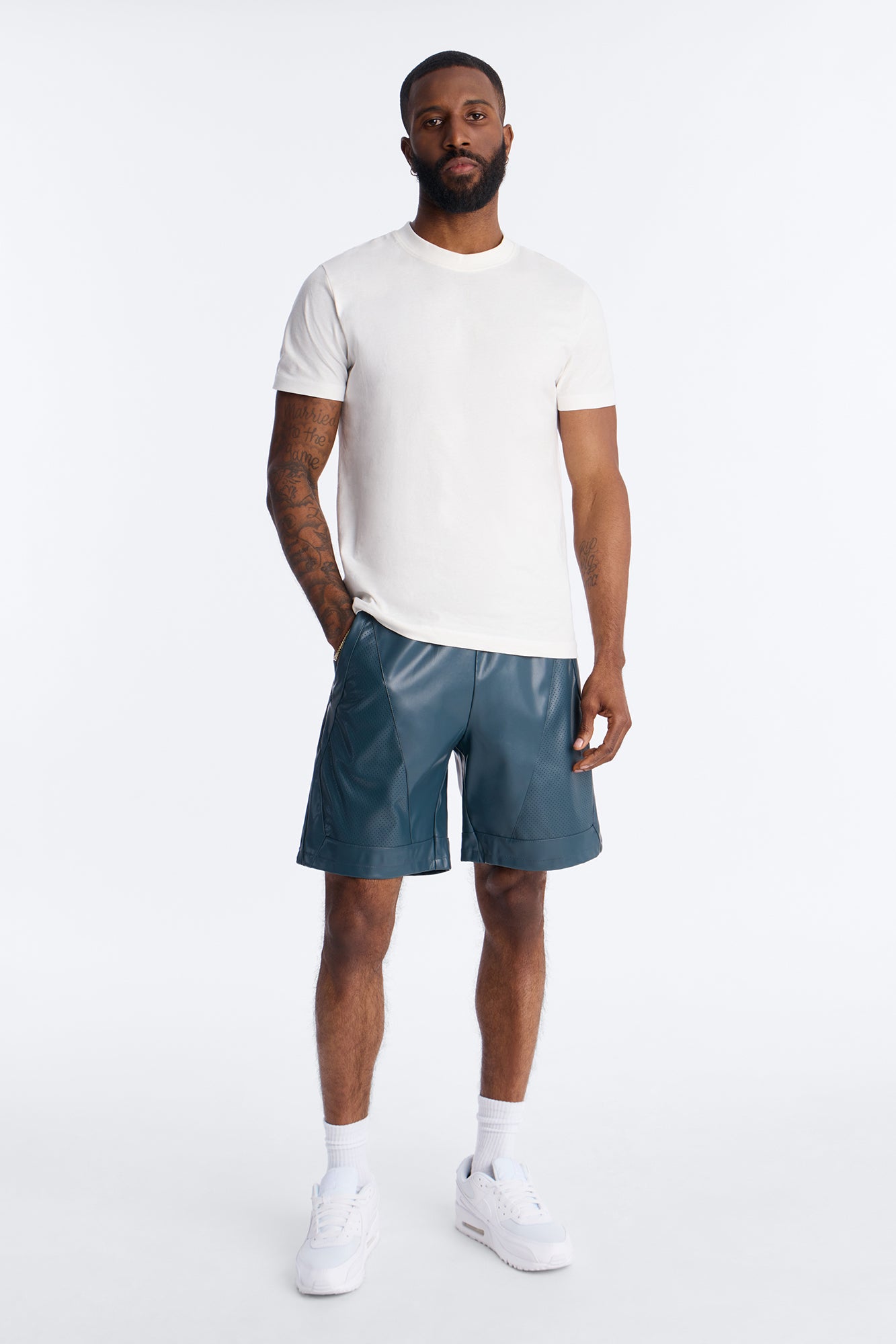 Relaxed Perforated Faux Leather Short - Navy