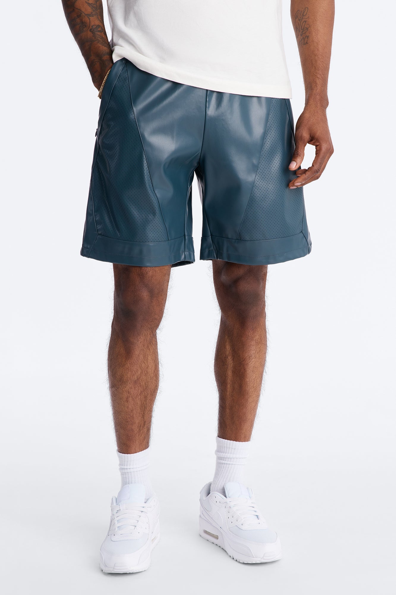 Relaxed Perforated Faux Leather Short - Navy