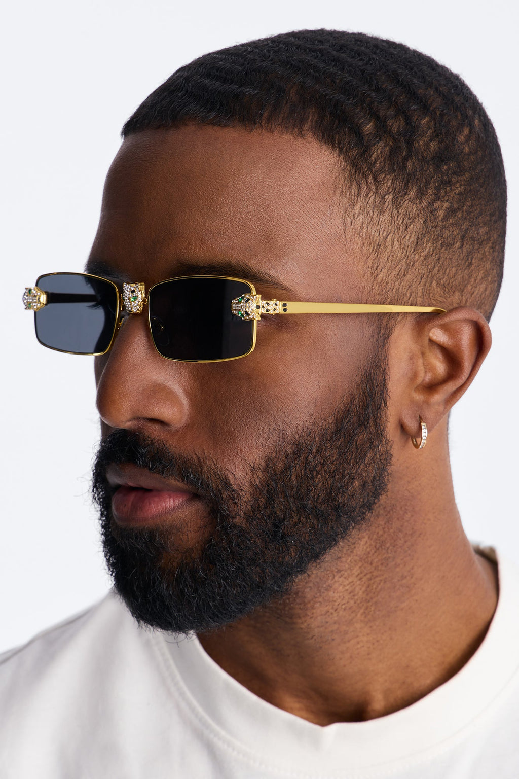 Iced Panther Rectangle Metal Sunglasses - Gold/Black