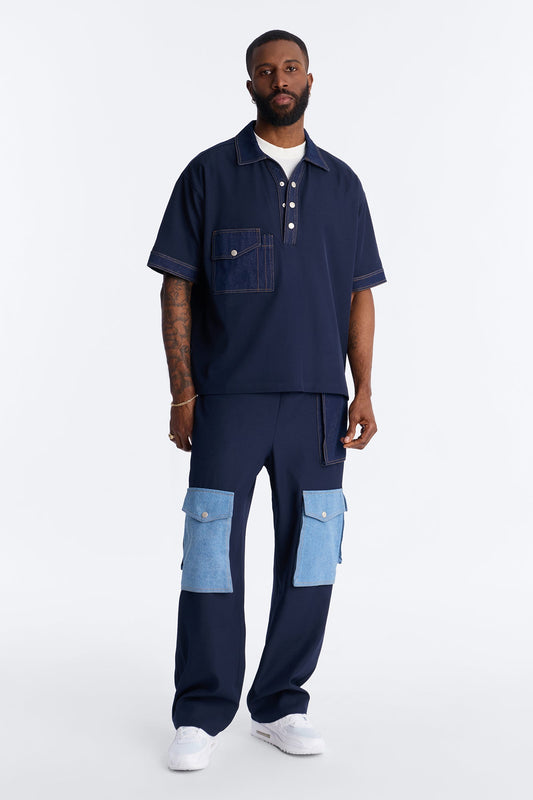 Baggy Blueprint Contrast Cargo Pant - Indigo