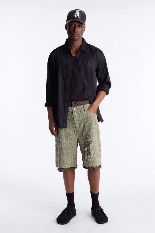 Baggy Double Waisted Stars And Distressed Short - Olive