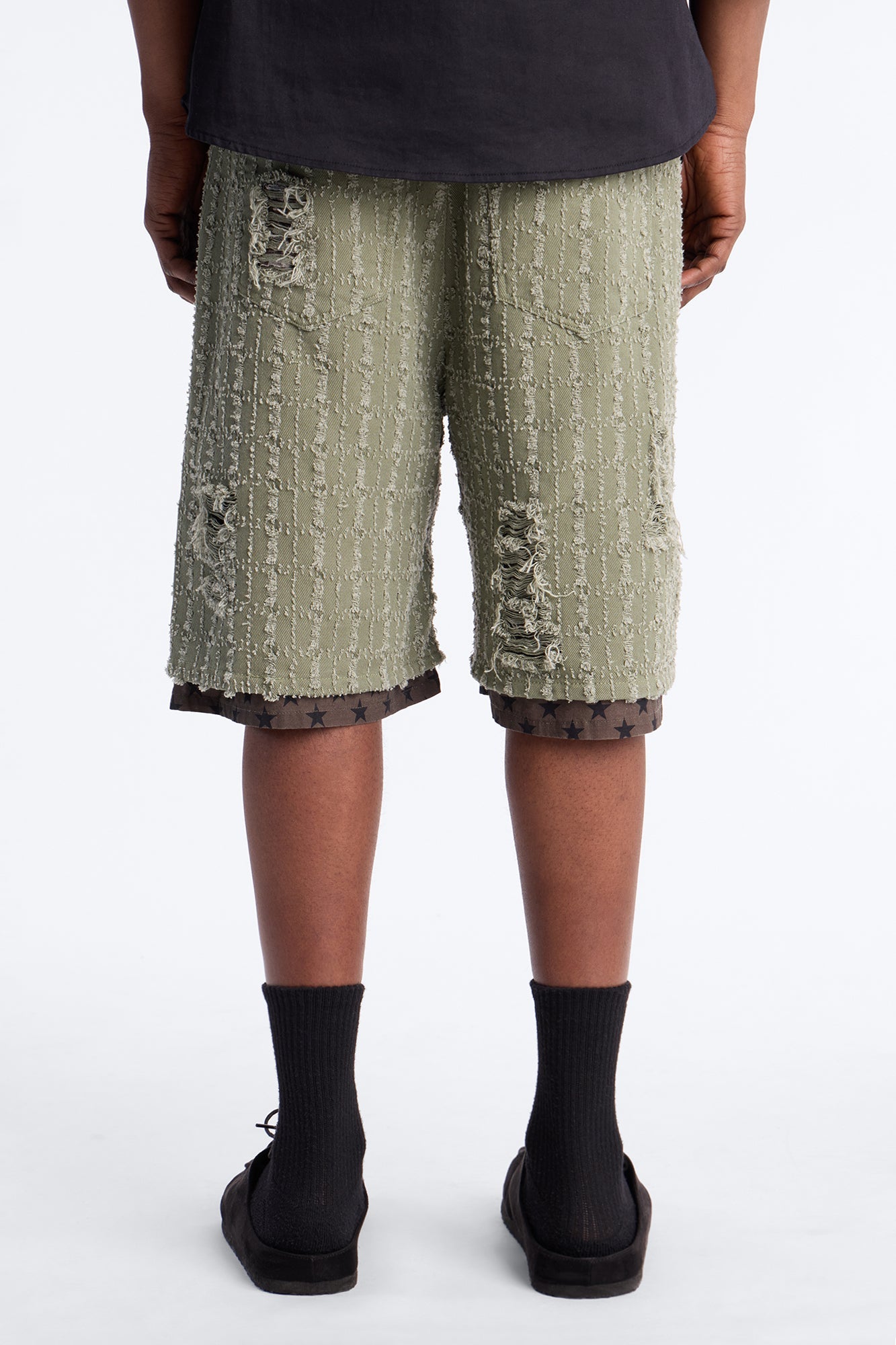 Baggy Double Waisted Stars And Distressed Short - Olive