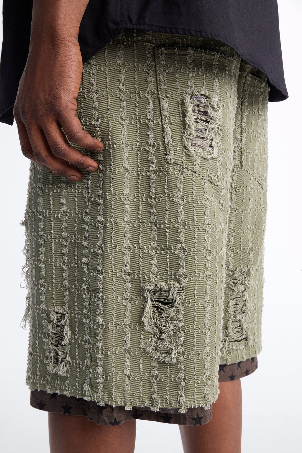 Baggy Double Waisted Stars And Distressed Short - Olive