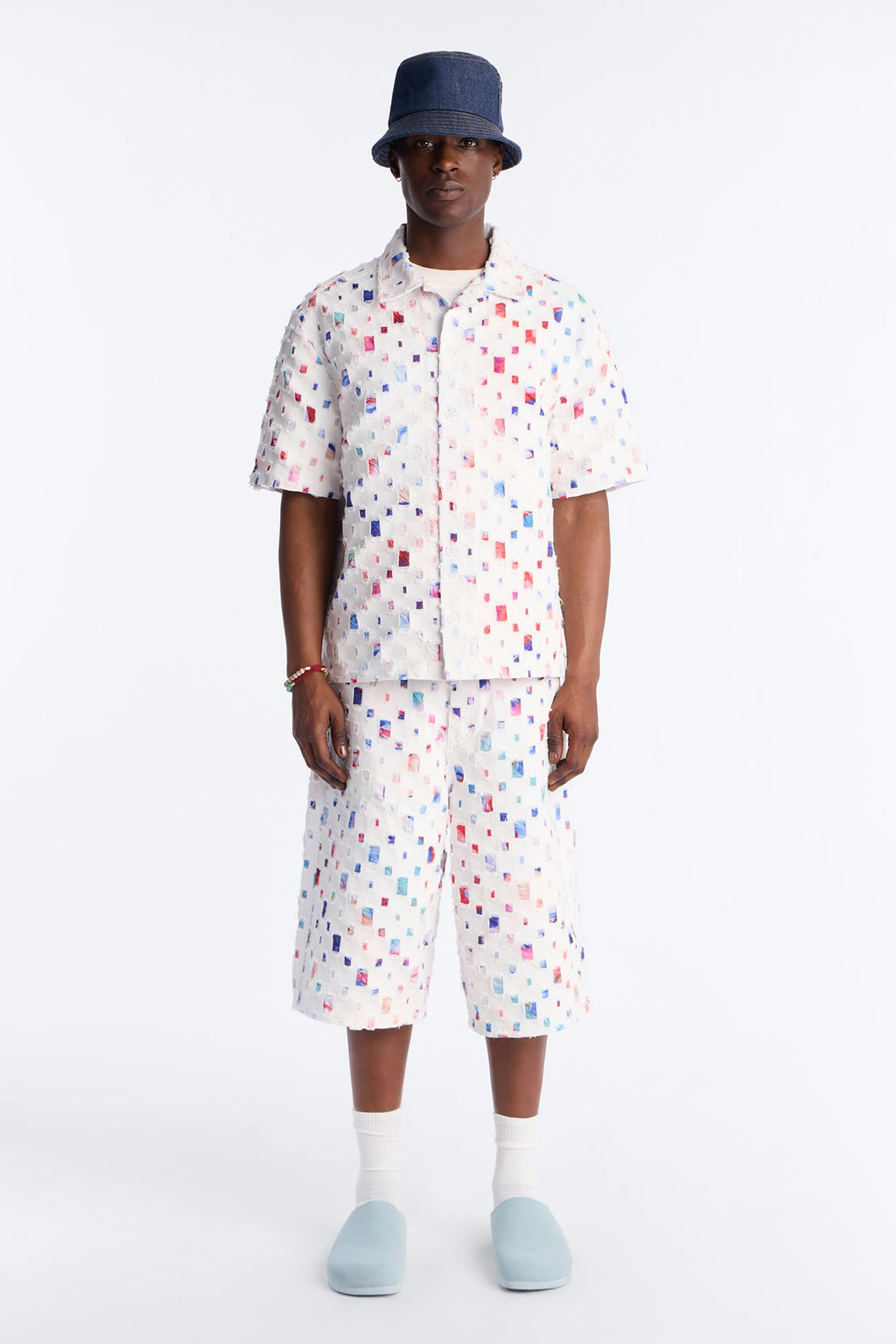 Baggy Watercolor Window Denim Short - White