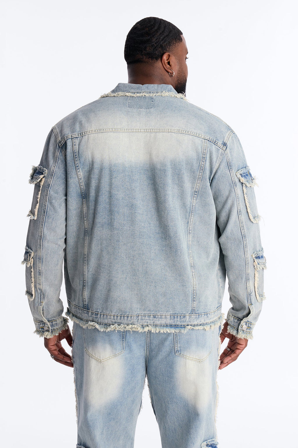 Tattered Cargo Denim Trucker Jacket - Light Wash