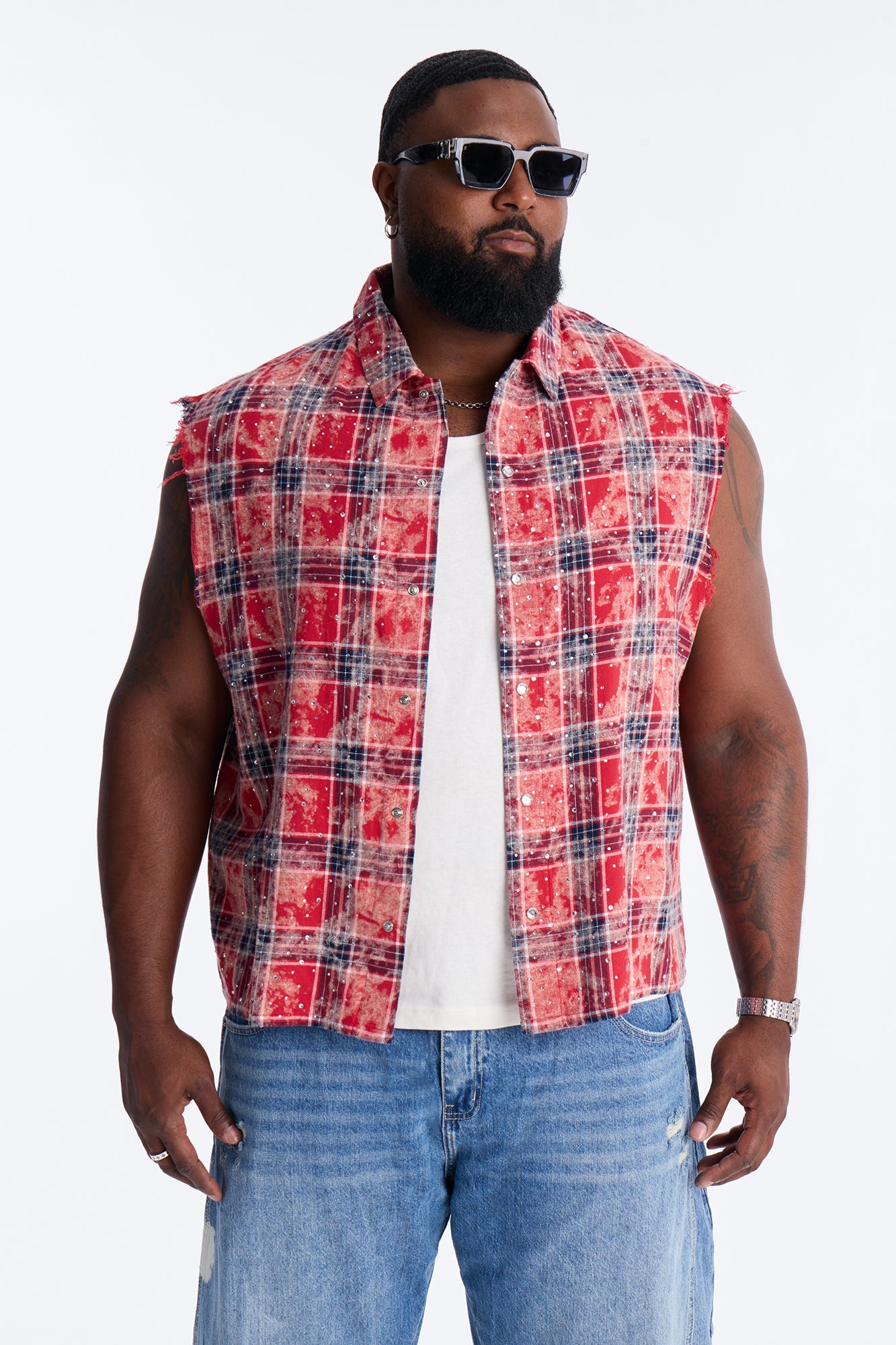 Rhinestone Rain Sleeveless Plaid Flannel - Red