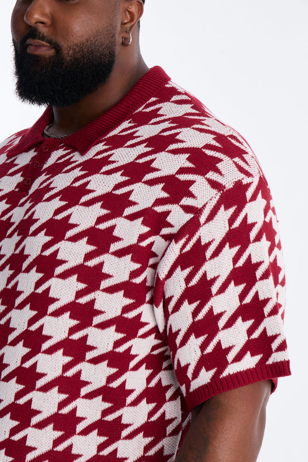 Houndstooth Short Sleeve Knitted Polo - Burgundy