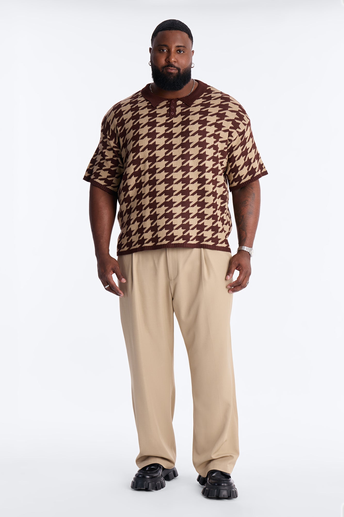 Houndstooth Short Sleeve Knitted Polo - Brown