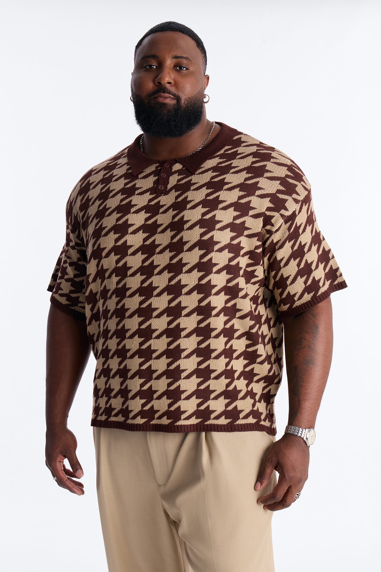 Houndstooth Short Sleeve Knitted Polo - Brown