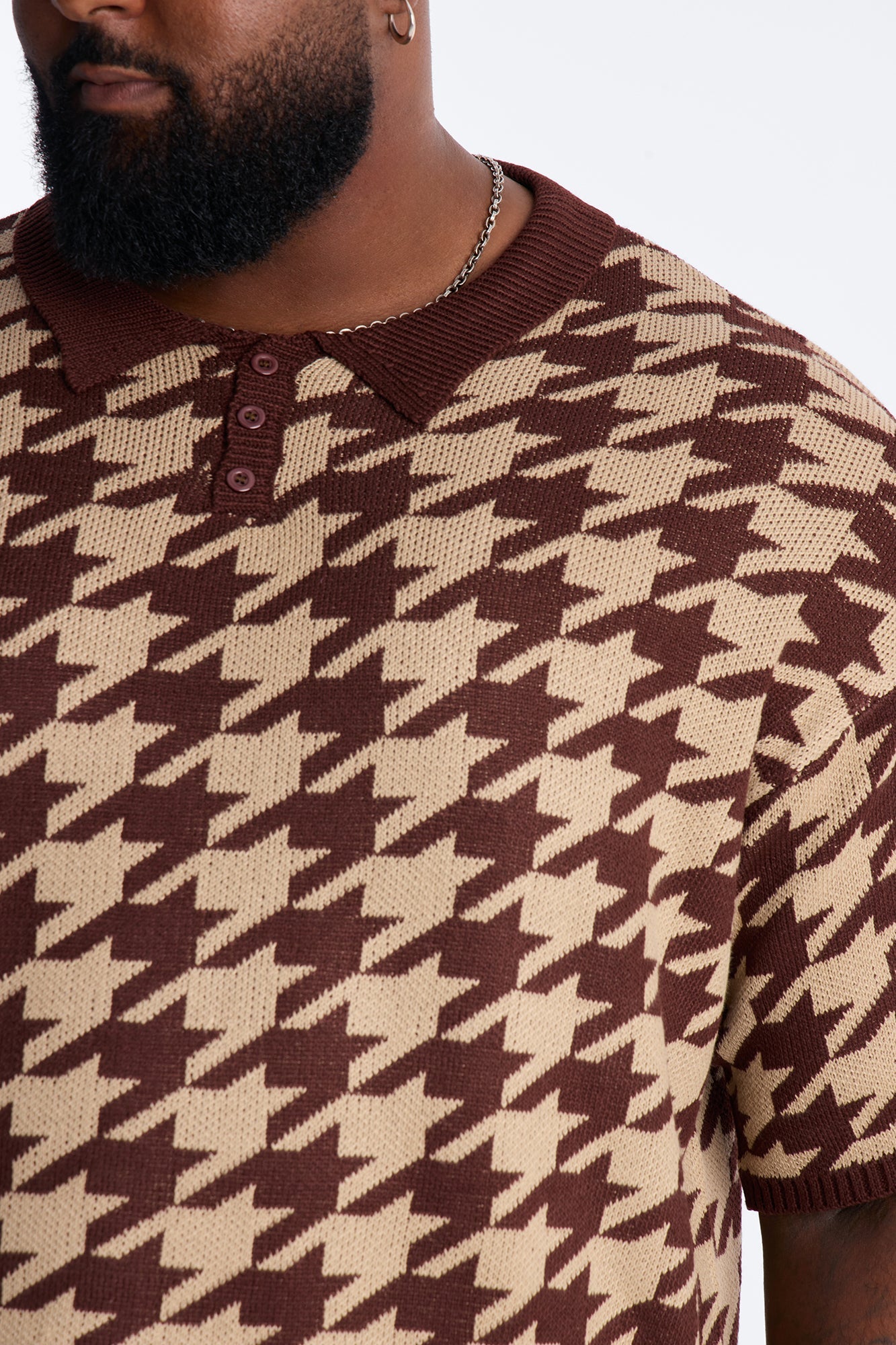 Houndstooth Short Sleeve Knitted Polo - Brown