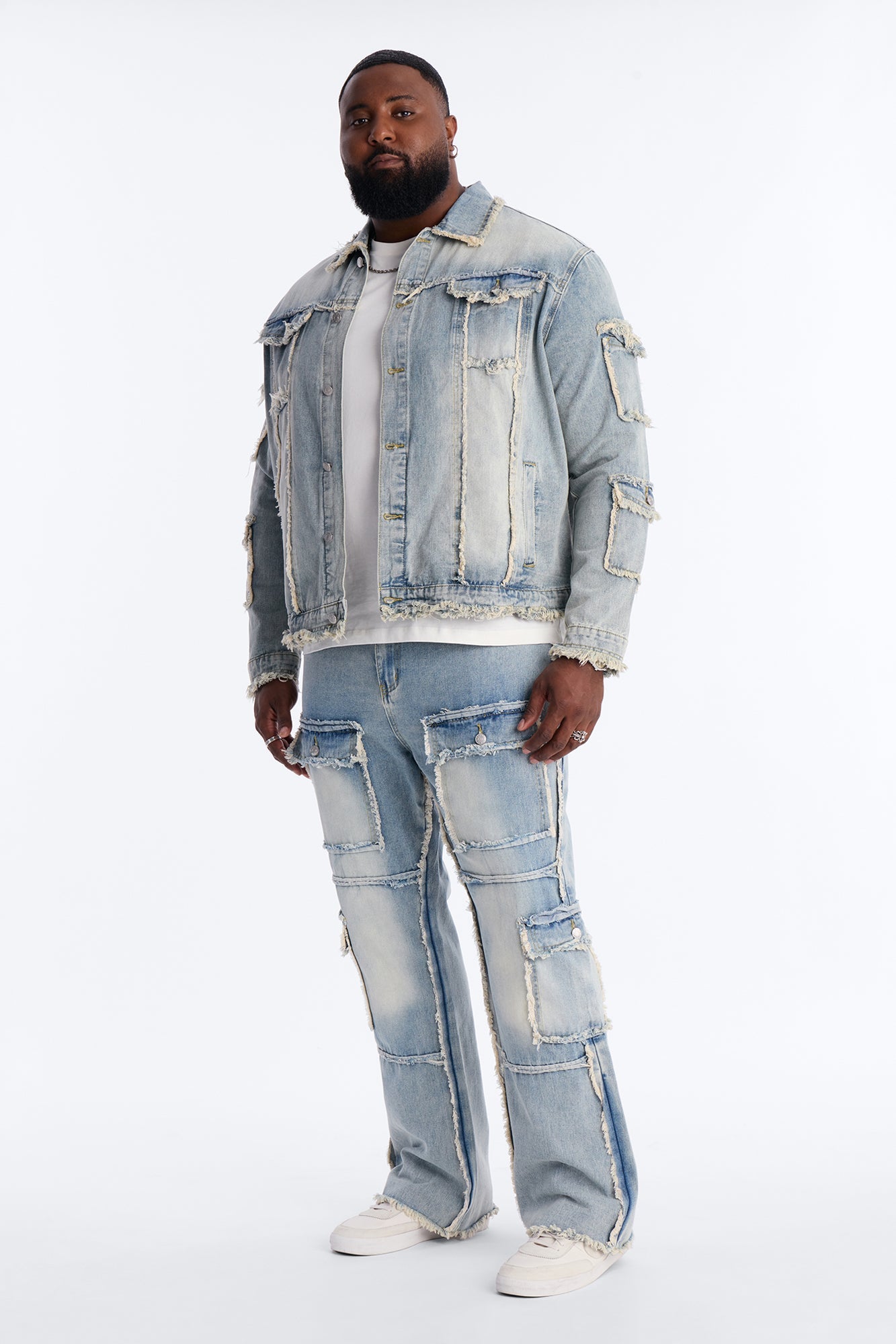 Straight Flare Tattered Cargo Jean - Light Wash