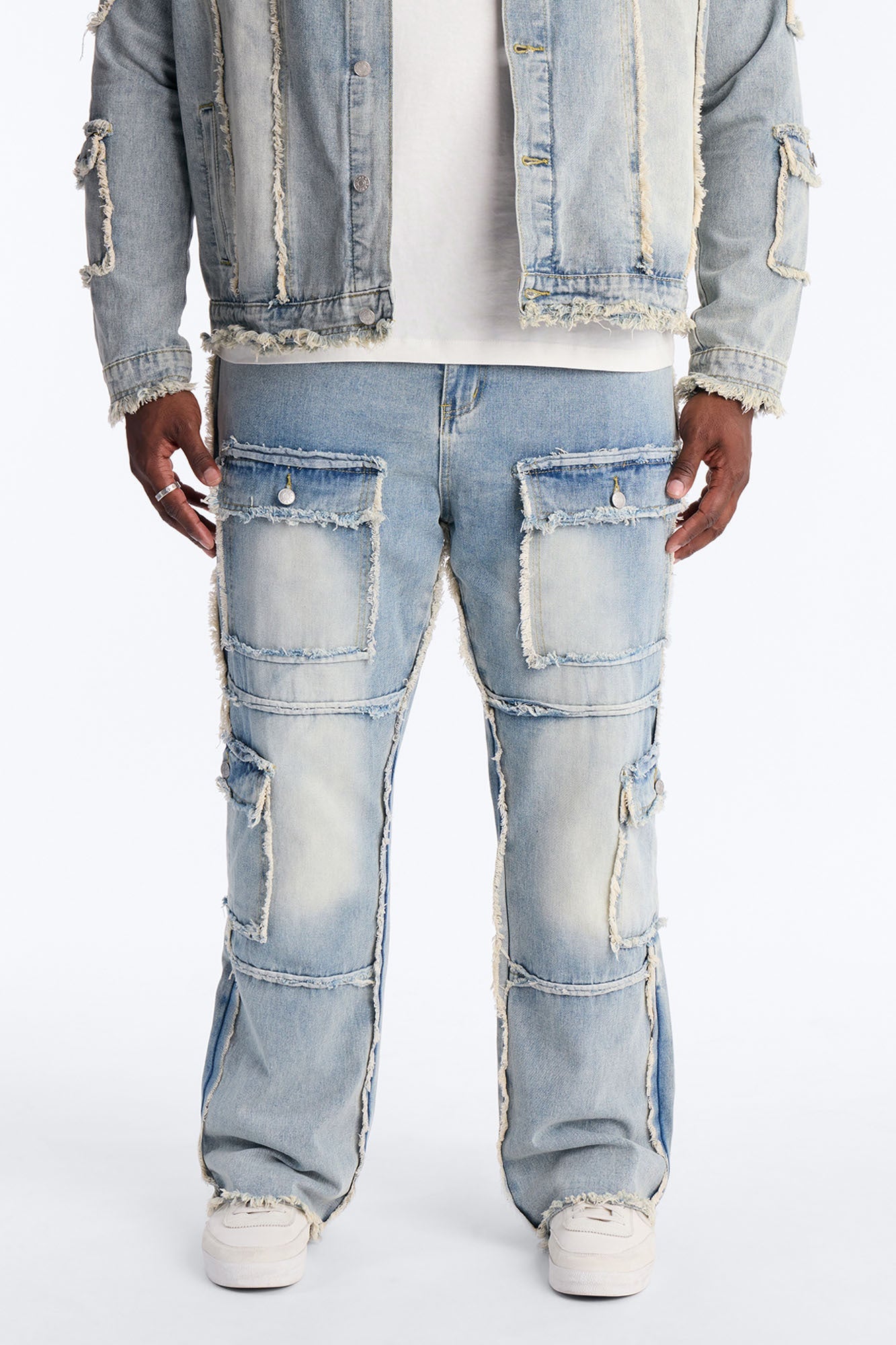 Straight Flare Tattered Cargo Jean - Light Wash