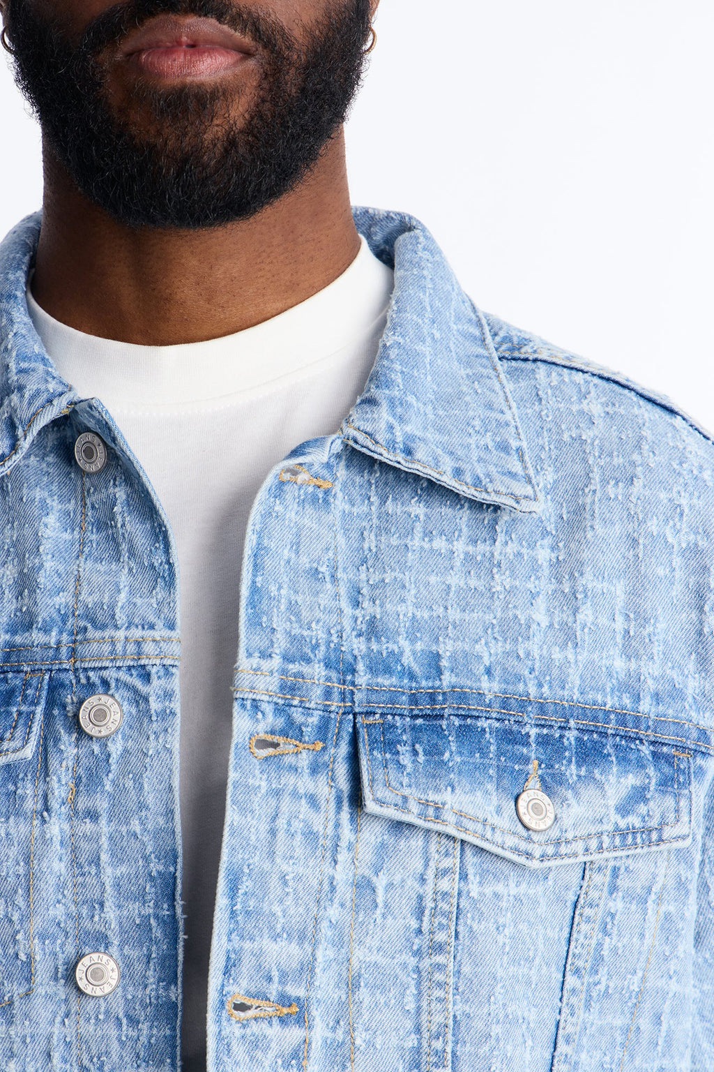 Cropped Windowpane Denim Trucker Jacket - Light Wash