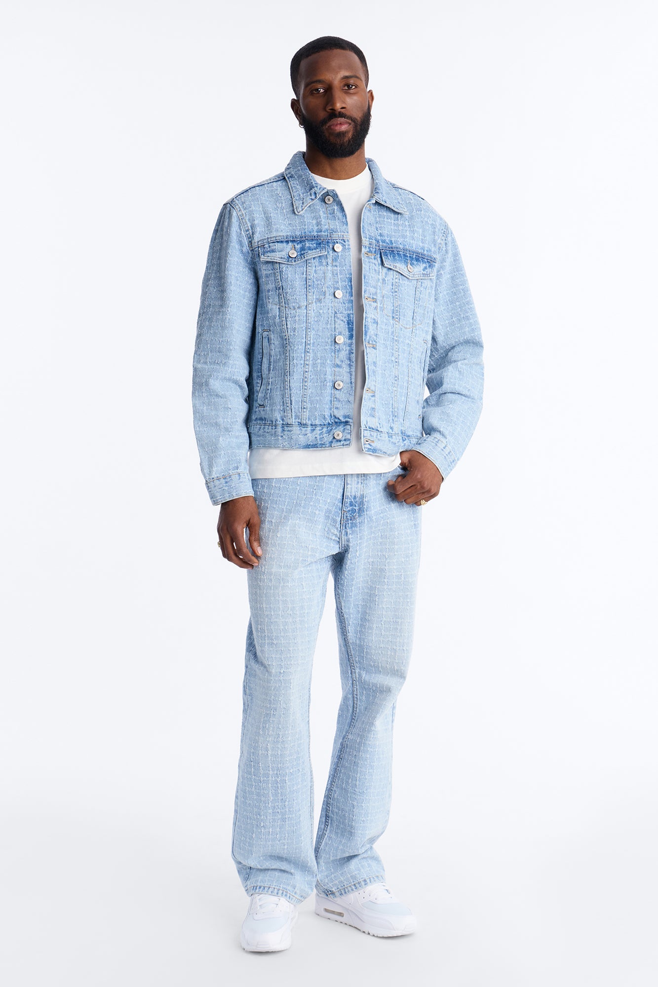 Cropped Windowpane Denim Trucker Jacket - Light Wash