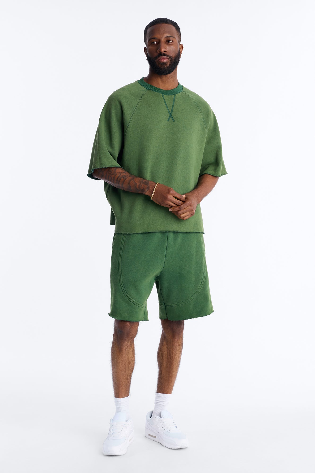 Washed Raw Edge Baggy Sweatshort - Green