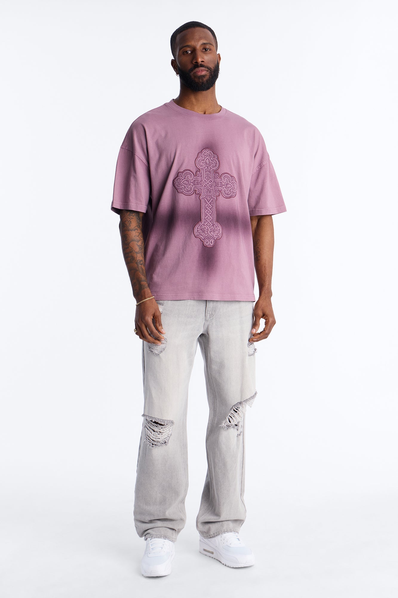 Cross Shadow Patch Short Sleeve Tee - Purple