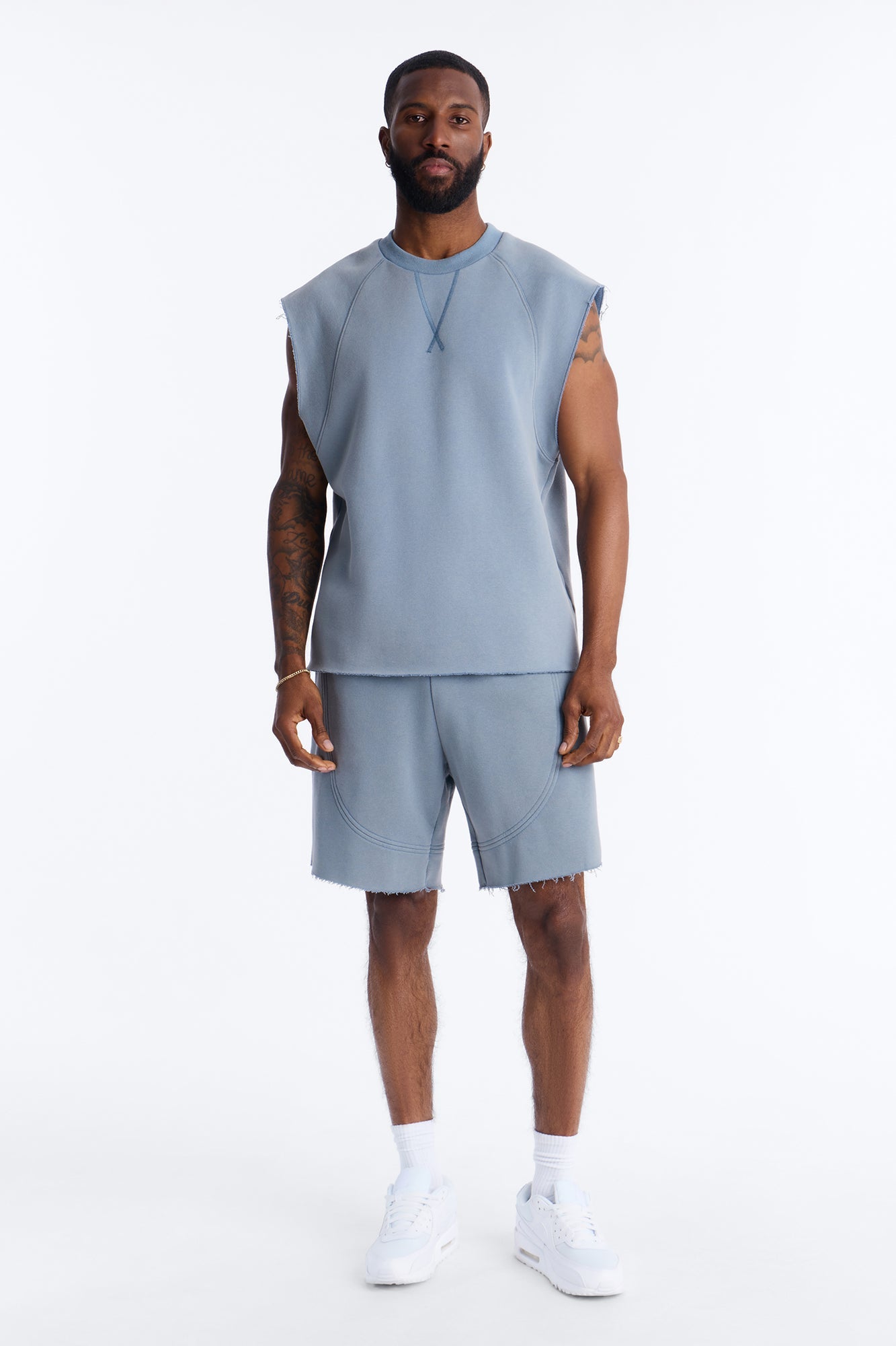 Washed Raw Edge Relaxed Muscle Tee - Slate Blue