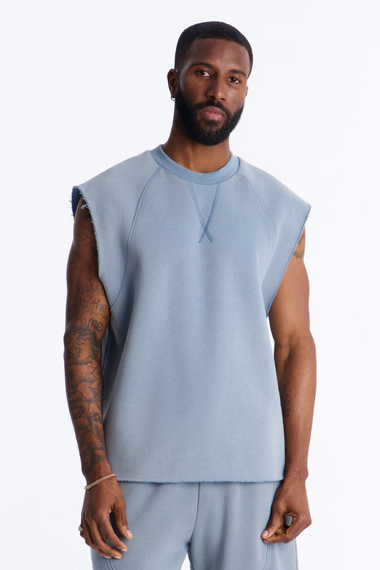 Washed Raw Edge Relaxed Muscle Tee - Slate Blue