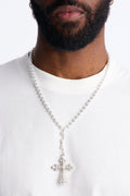 Rosary Pearl Cross Pendant Necklace - Silver