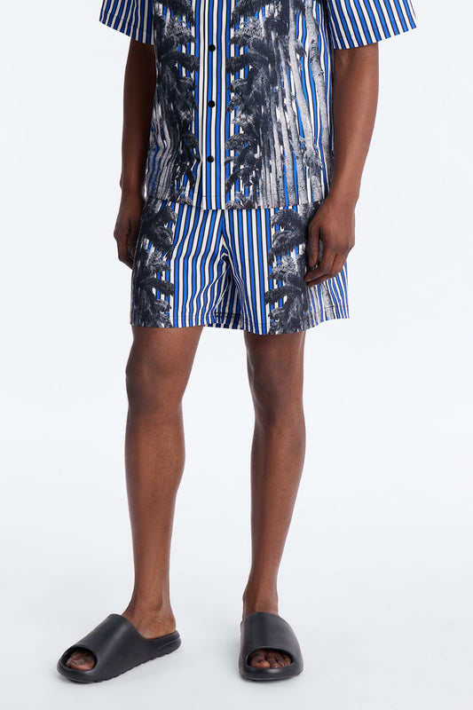 Palm Haven Striped Seersucker Swim Trunk 6″ - Blue