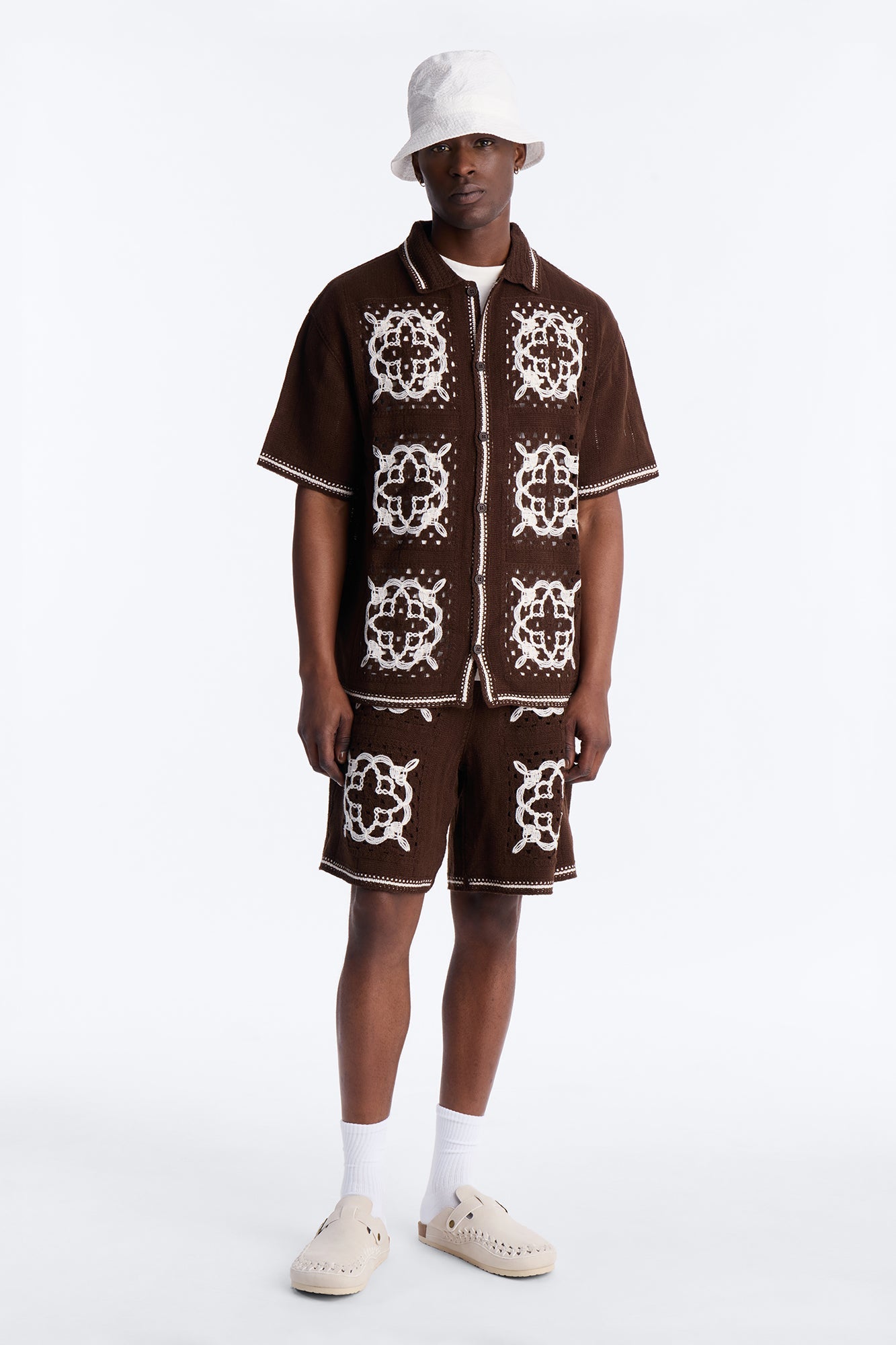 Lido Isle Crochet Button Up Shirt - Brown