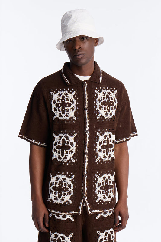 Lido Isle Crochet Button Up Shirt - Brown