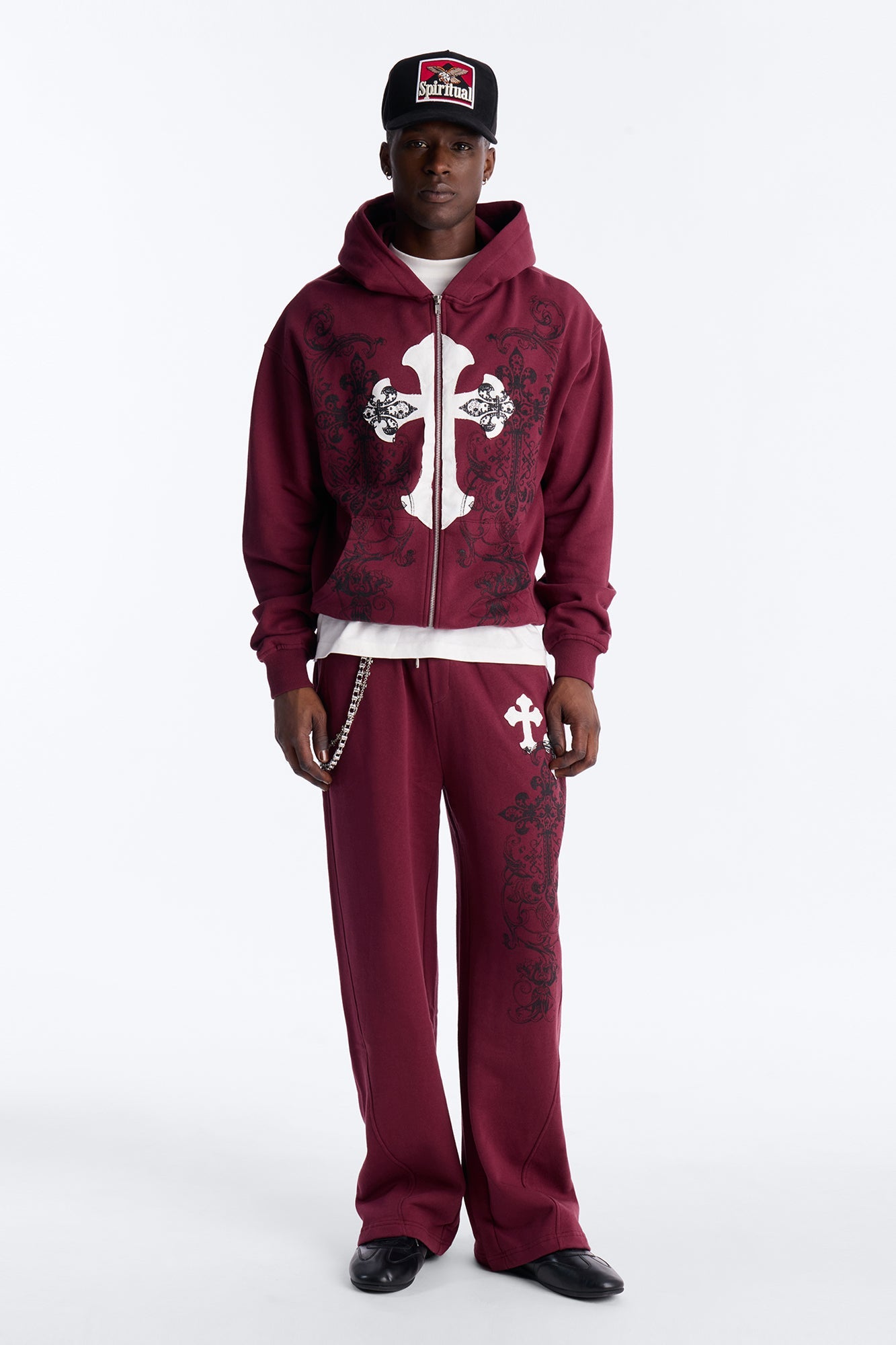 Cross Patch Zip Hoodie - Burgundy