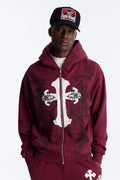 Cross Patch Zip Hoodie - Burgundy