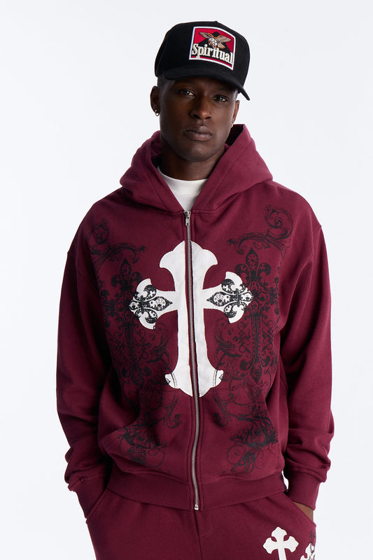 Cross Patch Zip Hoodie - Burgundy