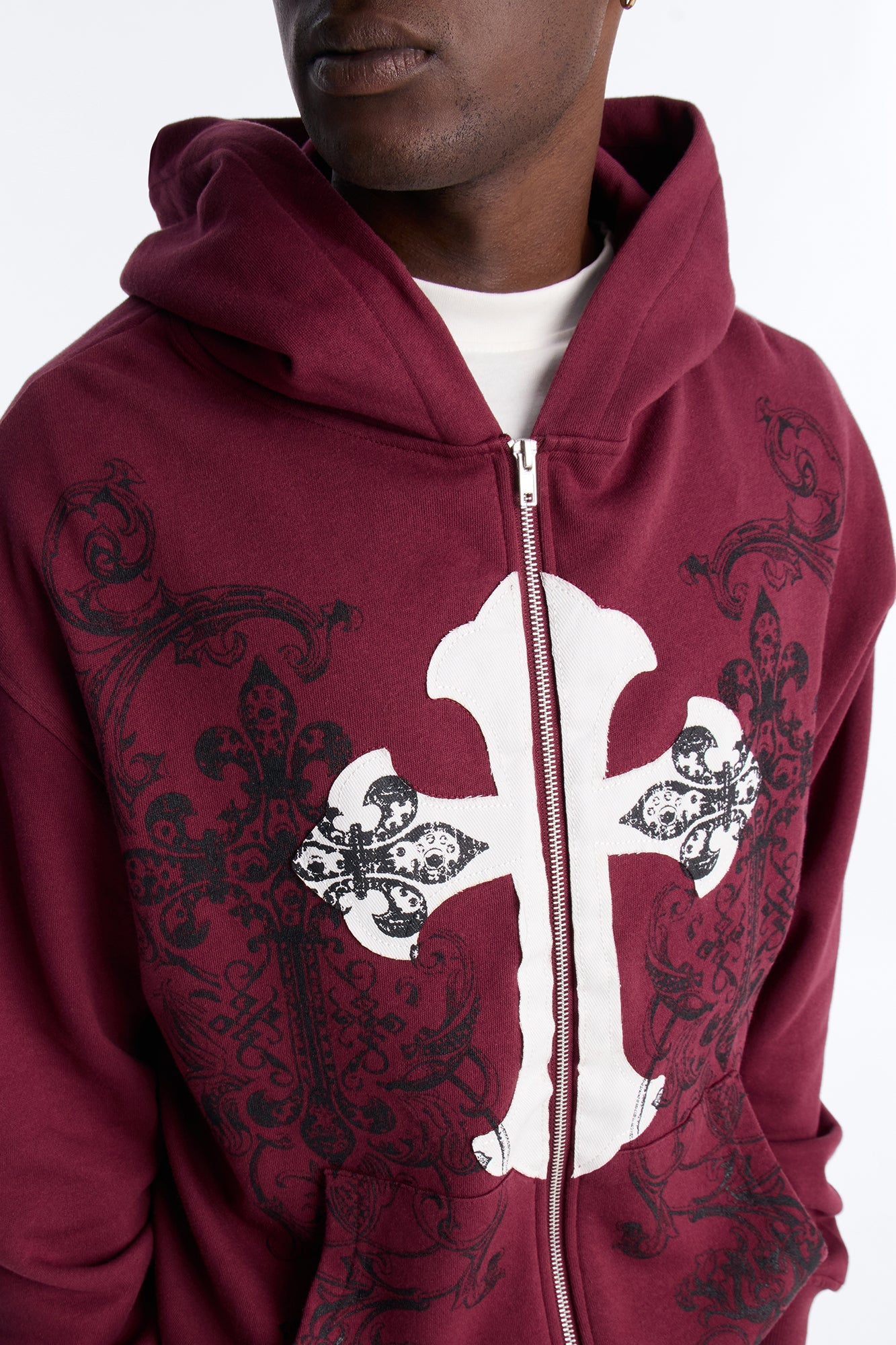Cross Patch Zip Hoodie - Burgundy