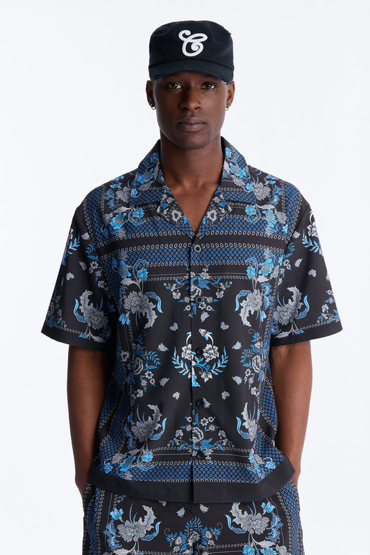 Relaxed Mirage Bloom Cuban Collar Button Shirt - Black