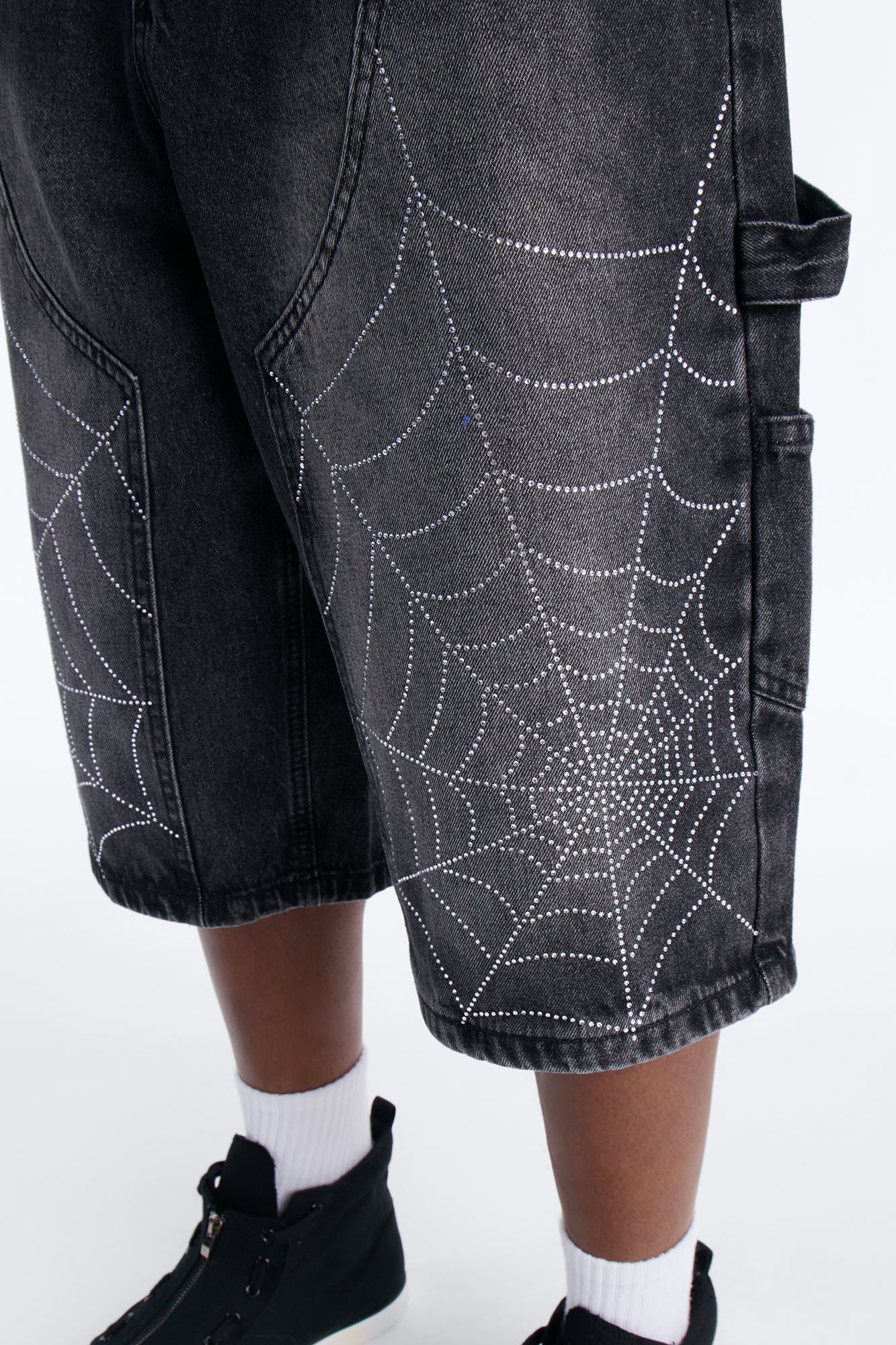 Baggy Jeweled Web Carpenter Denim Short - Black Wash