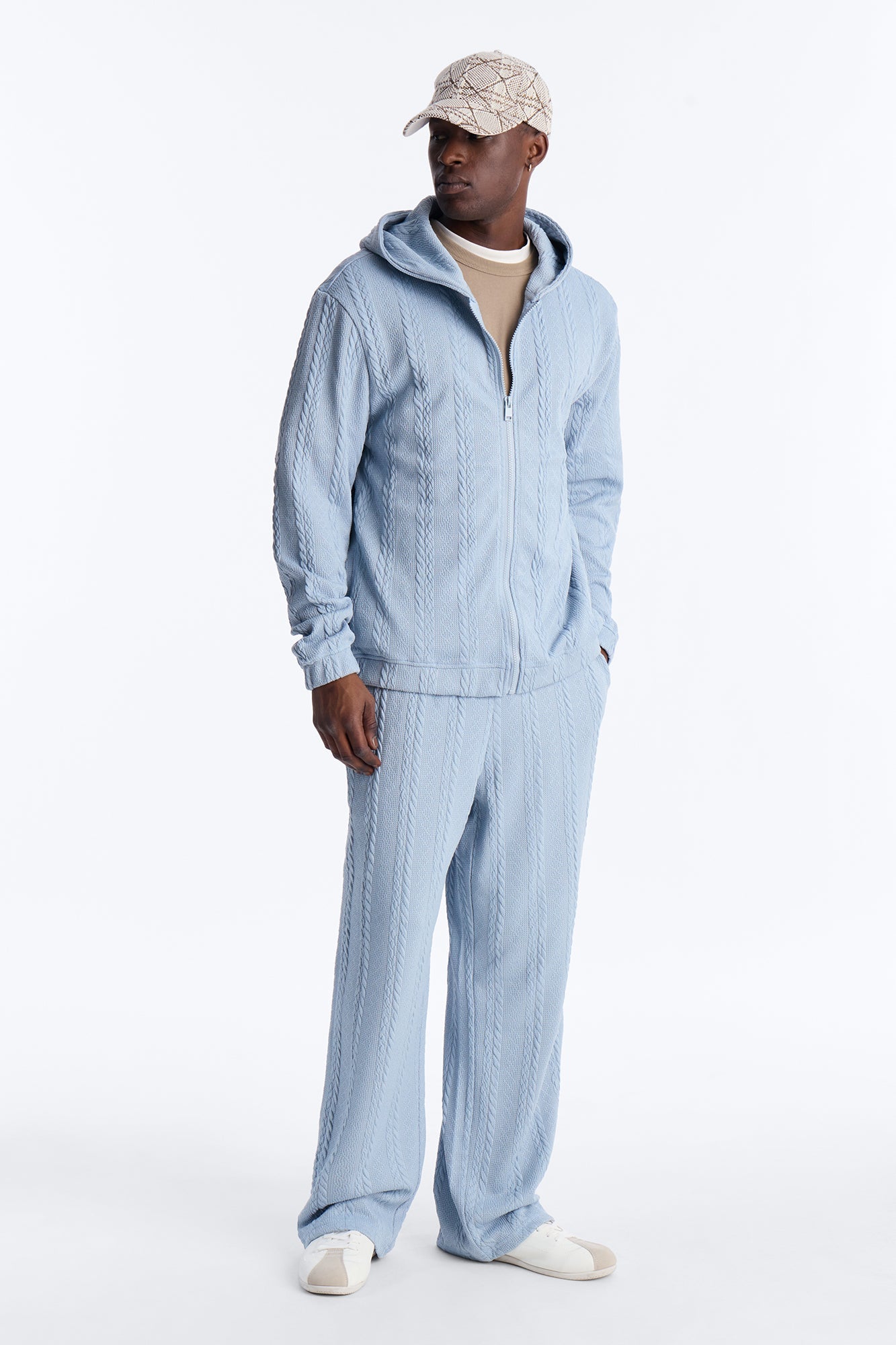 Textured Cozy Braided Hooded Jacket - Blue