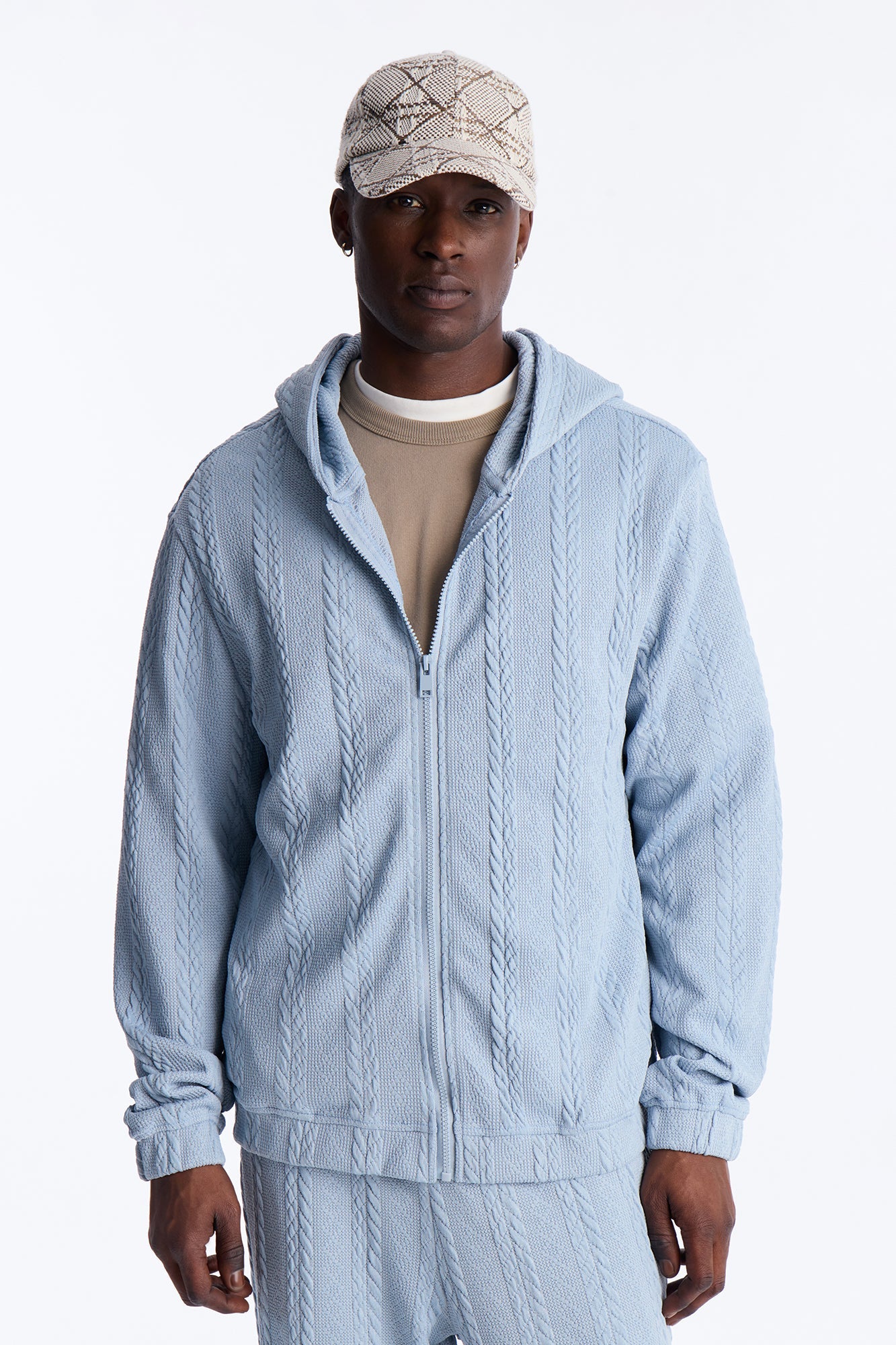 Textured Cozy Braided Hooded Jacket - Blue