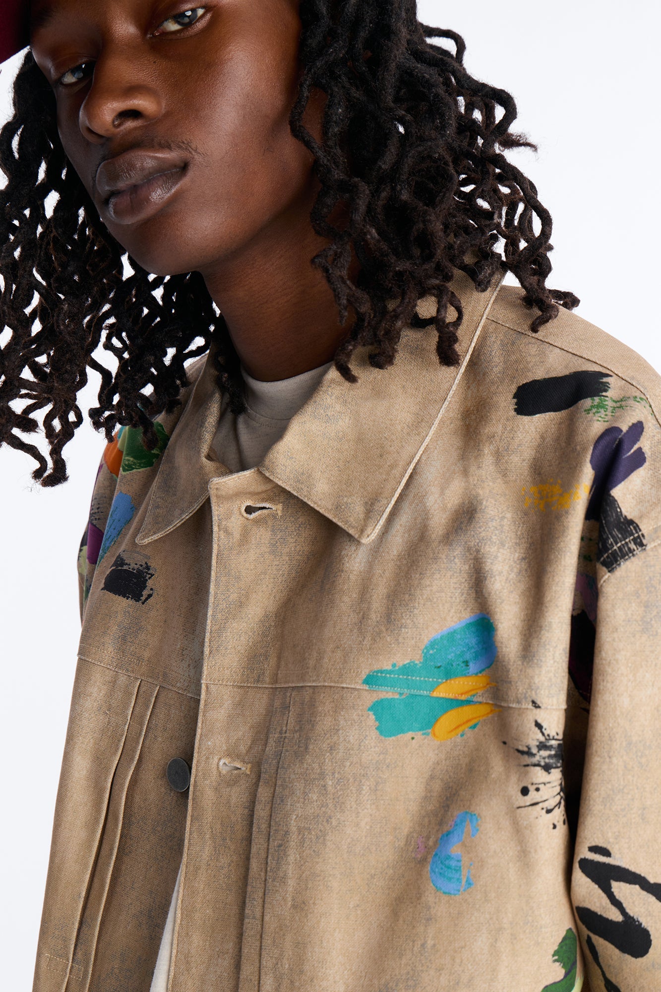 Cropped Culture Society Paint Splatter Boxy Work Jacket - Khaki
