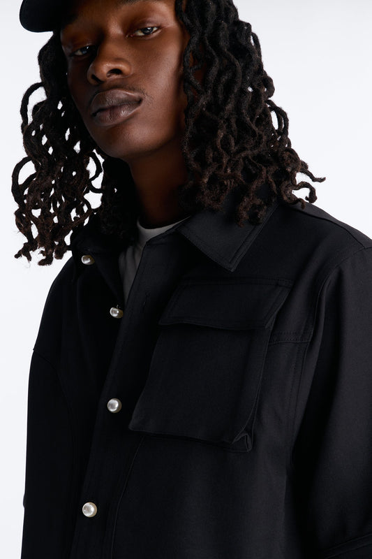 Pearl Paneled Utility Button Up Shirt - Black
