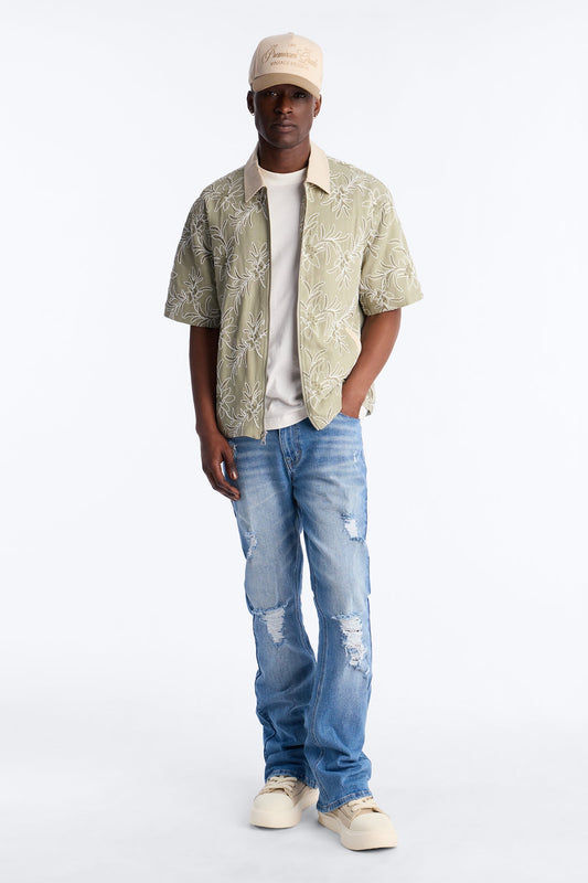 Relaxed Island Riot Embroidered Zip Shirt - Olive