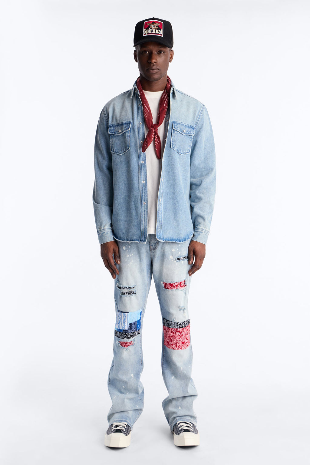 Stacked Skinny Flare Paisley Jungle Jean - Medium Blue Wash