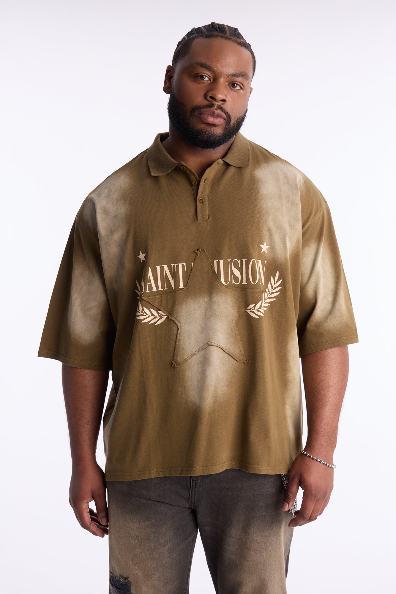Stars And Saints illusion Short Sleeve Knit Polo - Brown