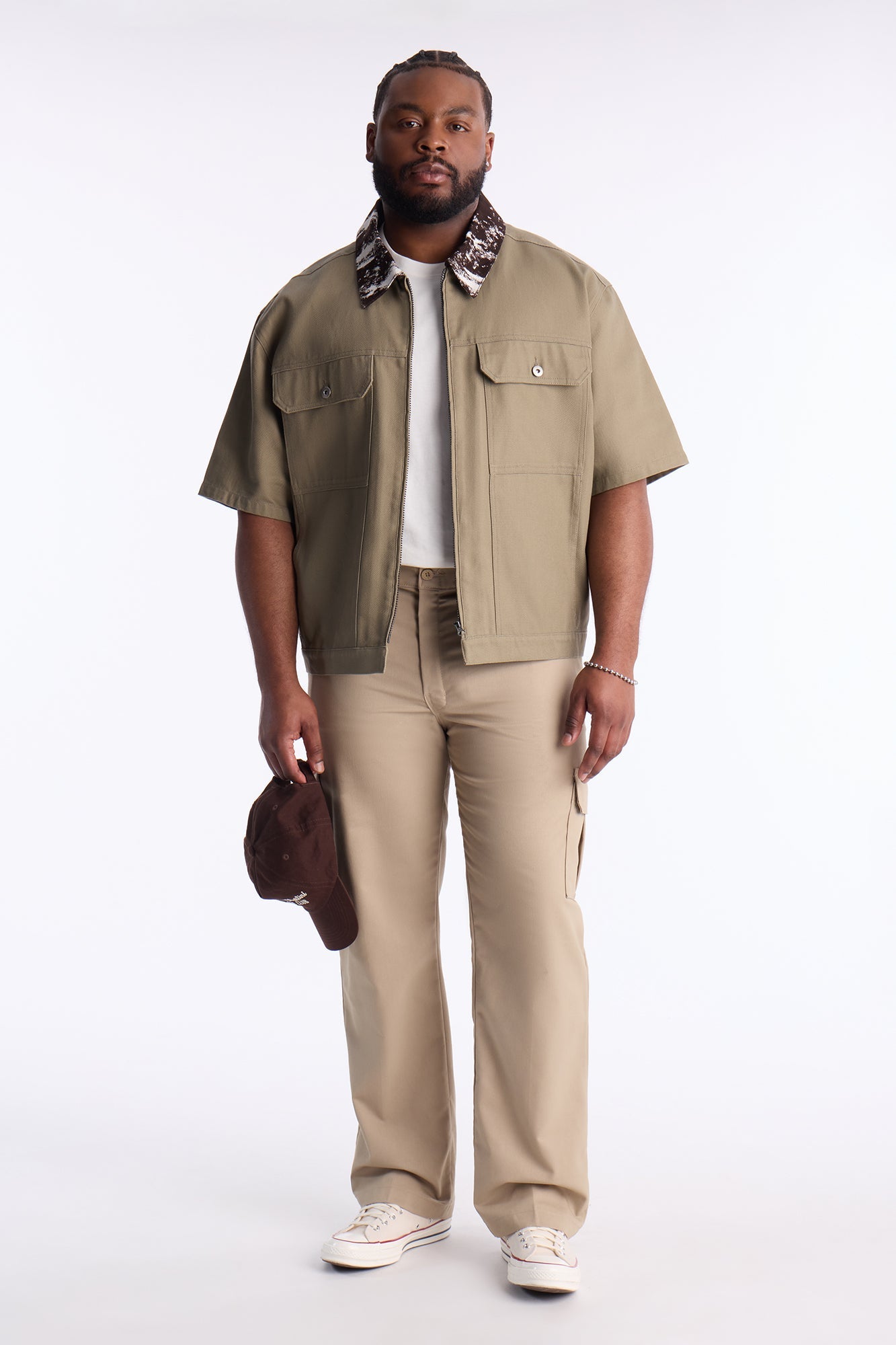 Canon Contrast Collar Zip Up Shirt - Taupe