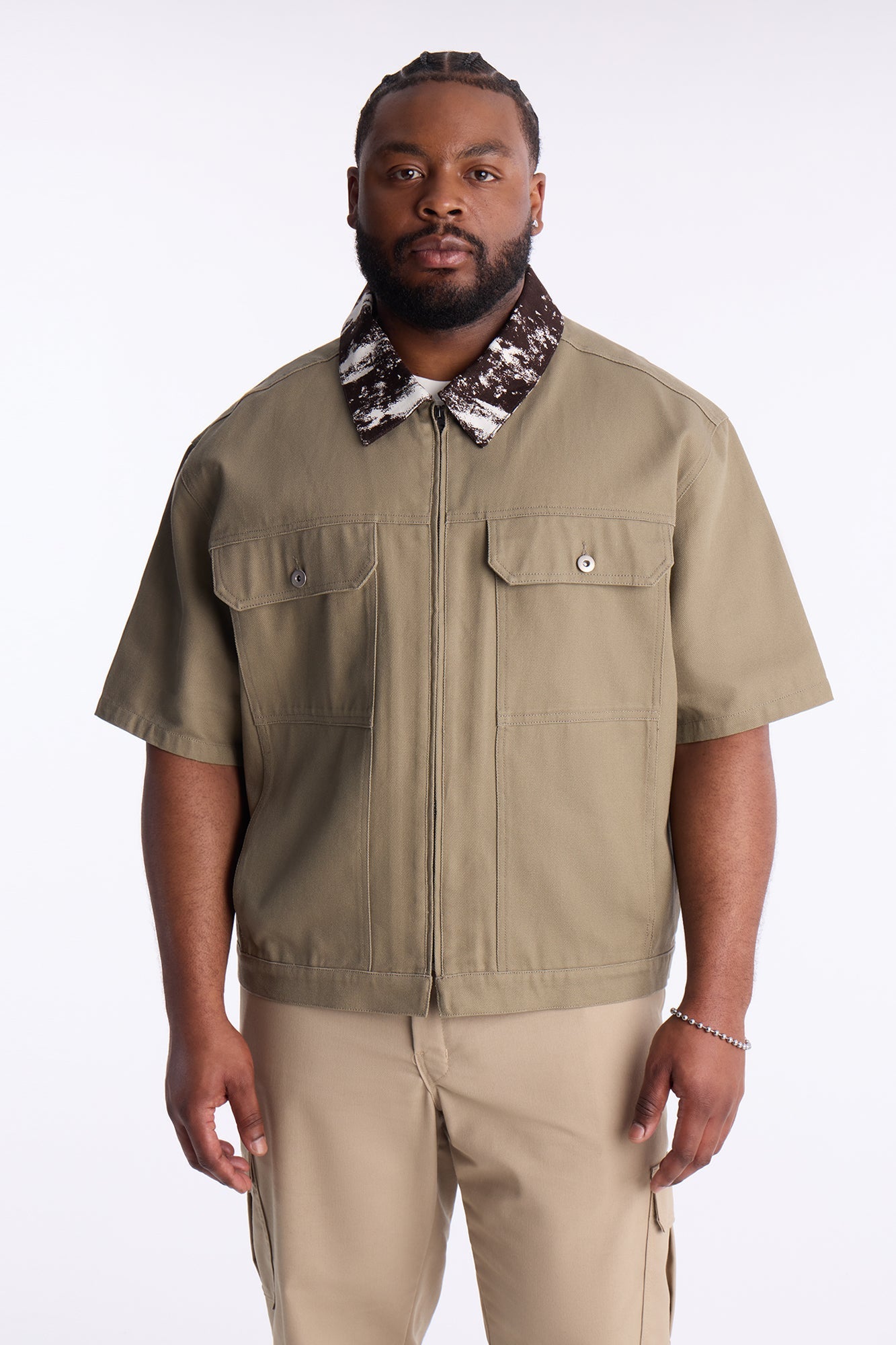 Canon Contrast Collar Zip Up Shirt - Taupe