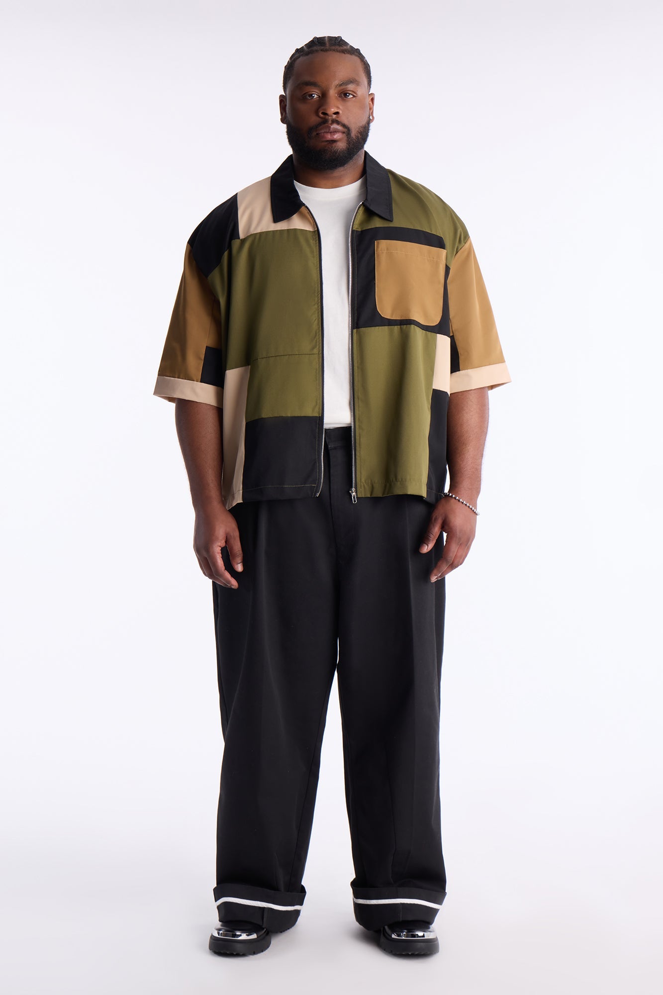 Cropped Pixel Perfect Zip Up Shirt - Khaki