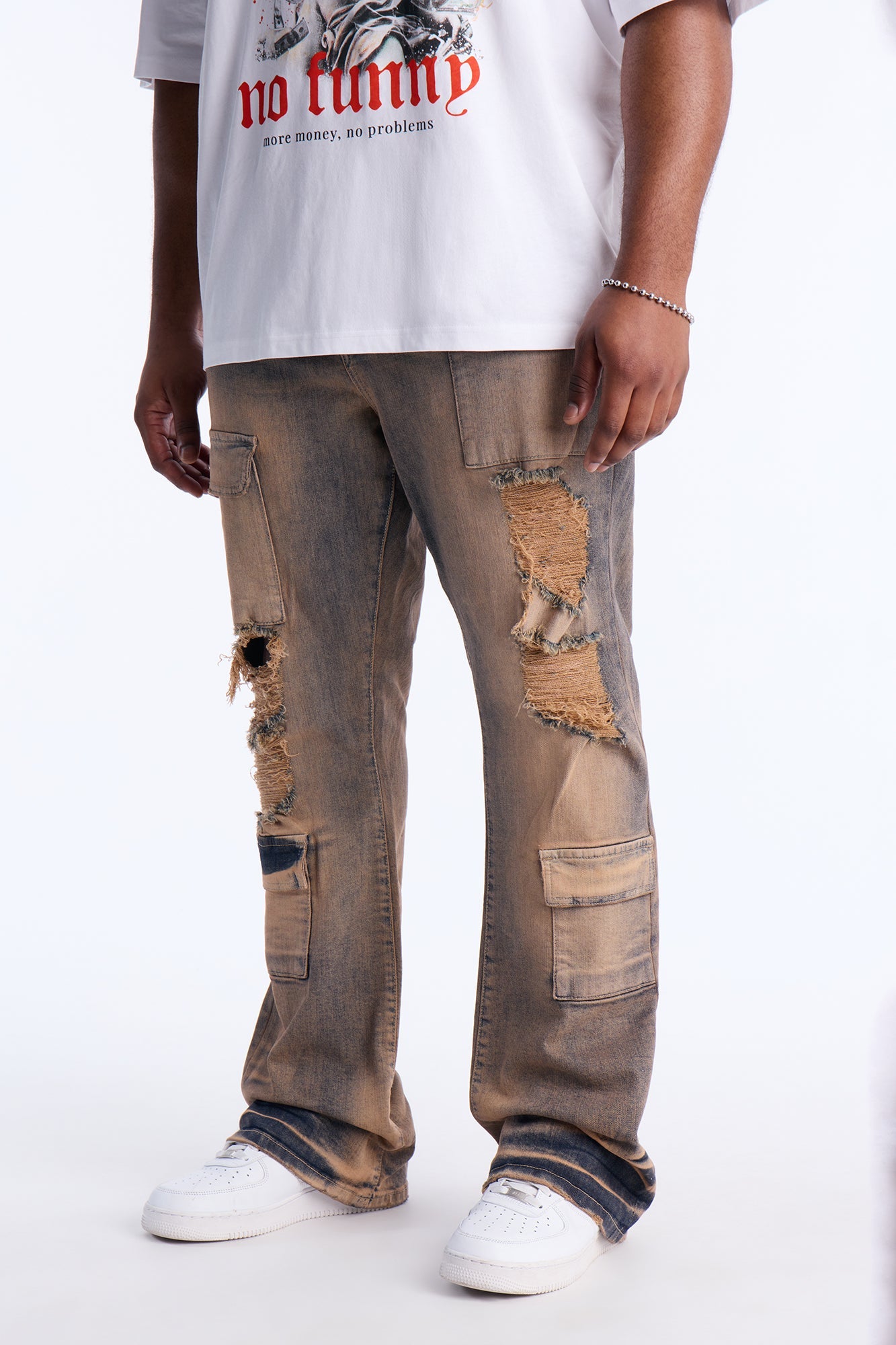 Stacked Skinny Flare No Fear Distressed Cargo Jean - Vintage Wash