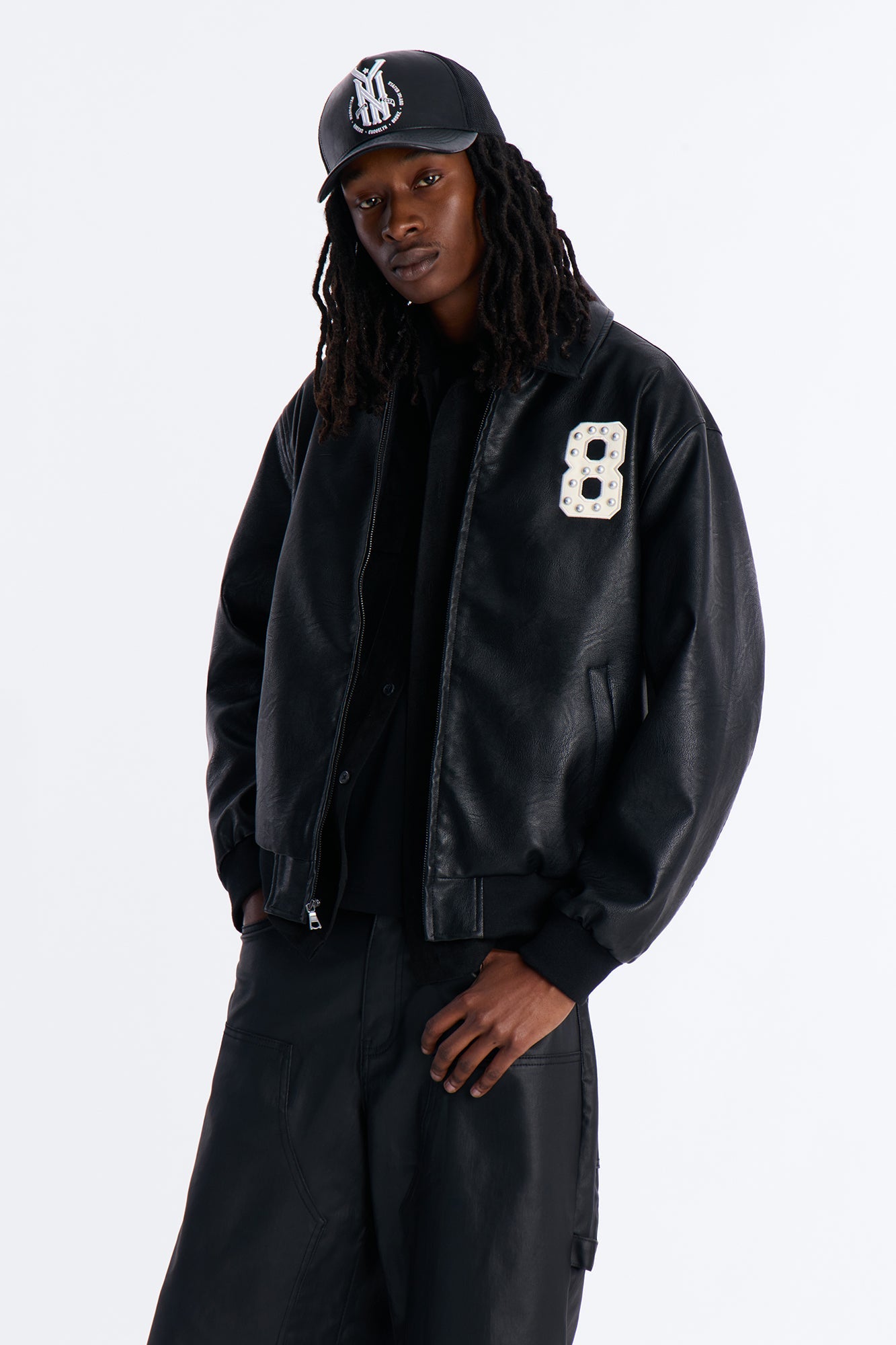 Crimson Blessed Faux Leather Studded Bomber Jacket - Black