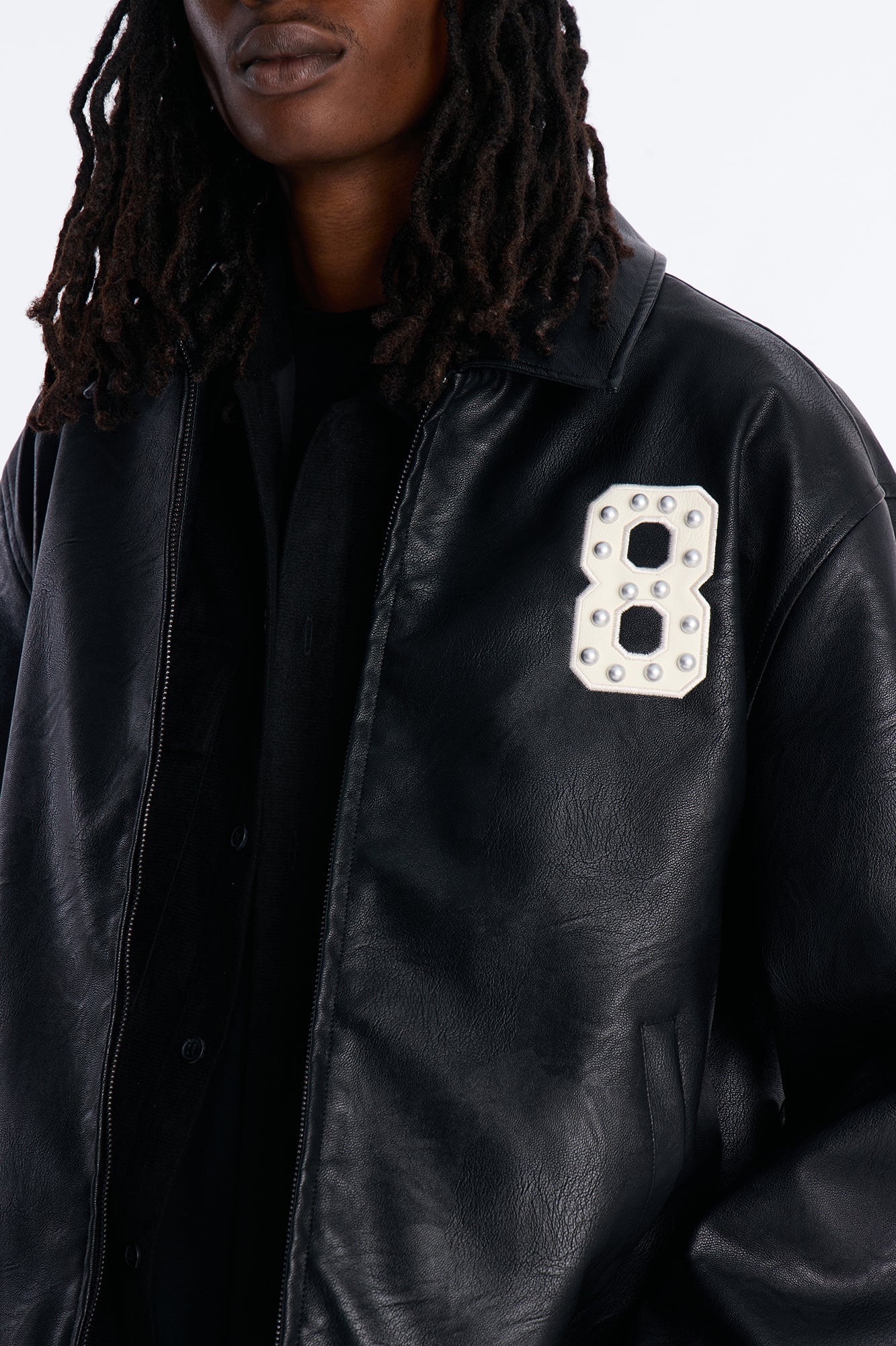 Crimson Blessed Faux Leather Studded Bomber Jacket - Black