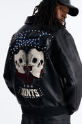 Crimson Blessed Faux Leather Studded Bomber Jacket - Black