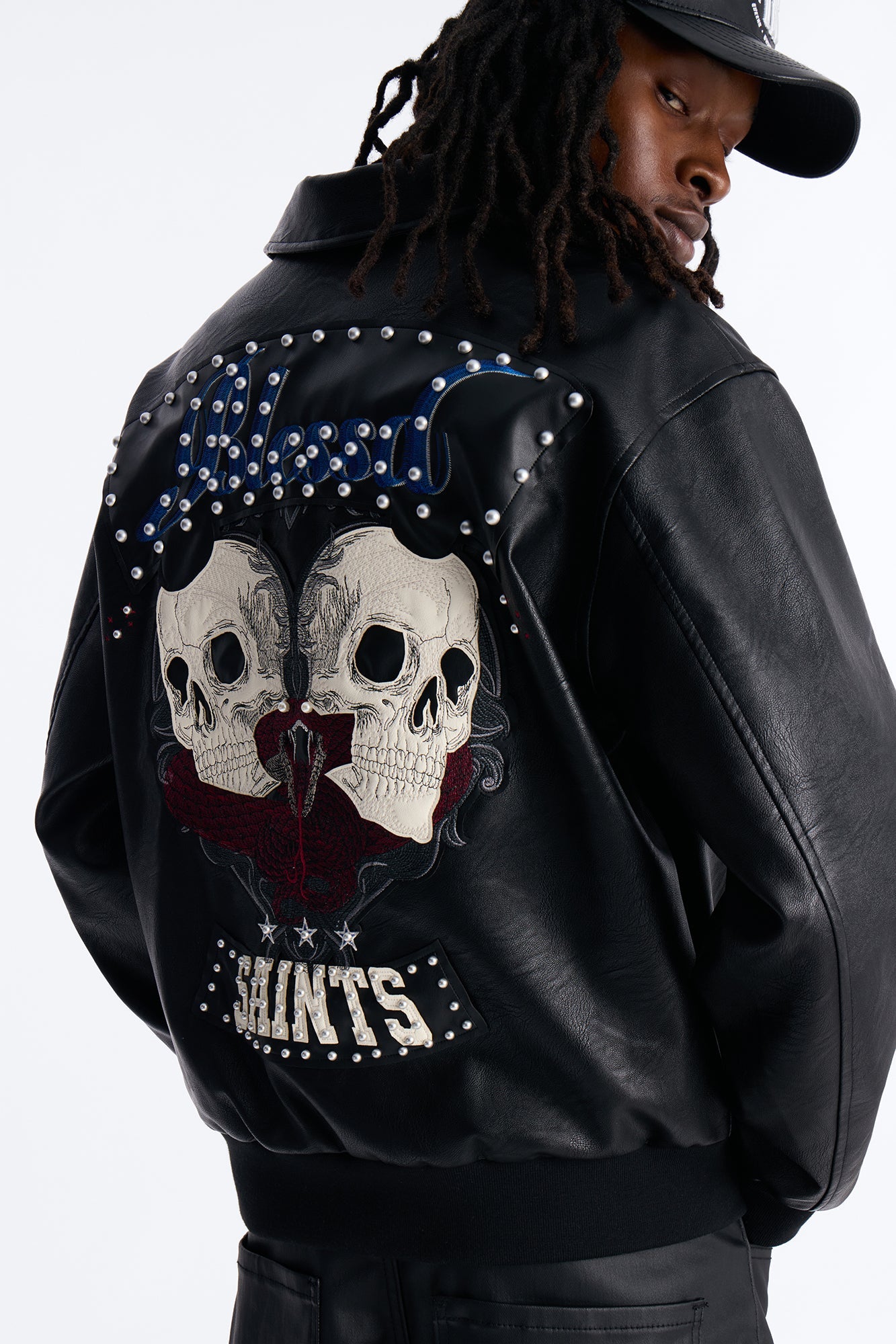 Crimson Blessed Faux Leather Studded Bomber Jacket - Black