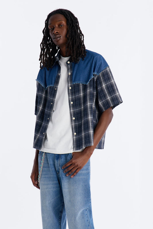Sundown Mixed Media Button Up Shirt - Black