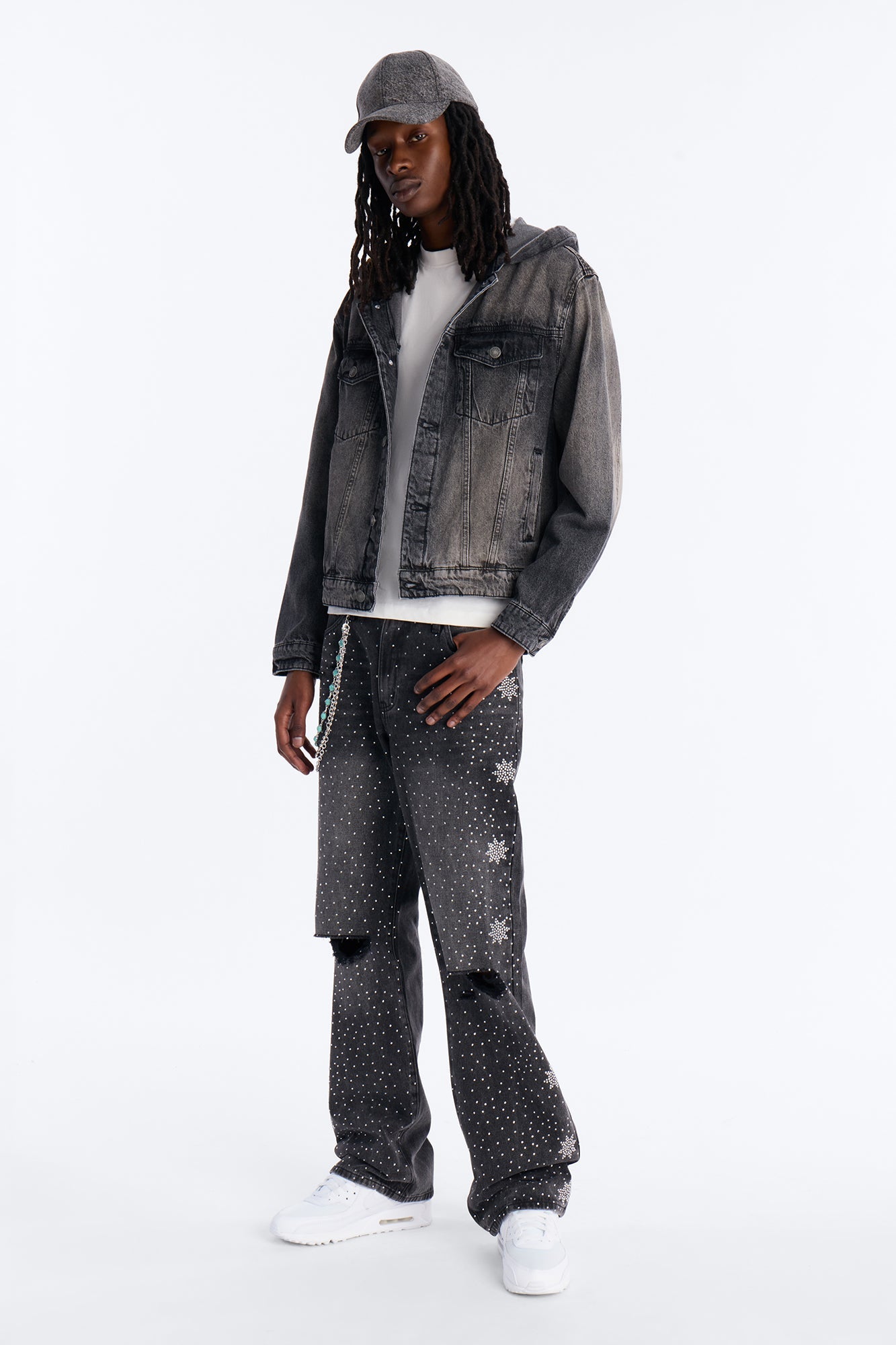 Straight Flare Static Drip Jeweled Jean - Black Wash