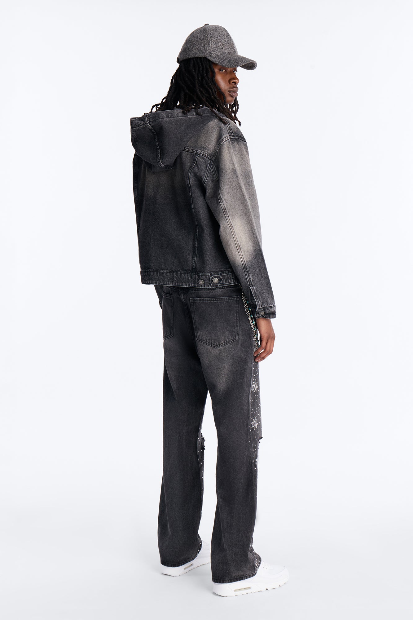 Straight Flare Static Drip Jeweled Jean - Black Wash